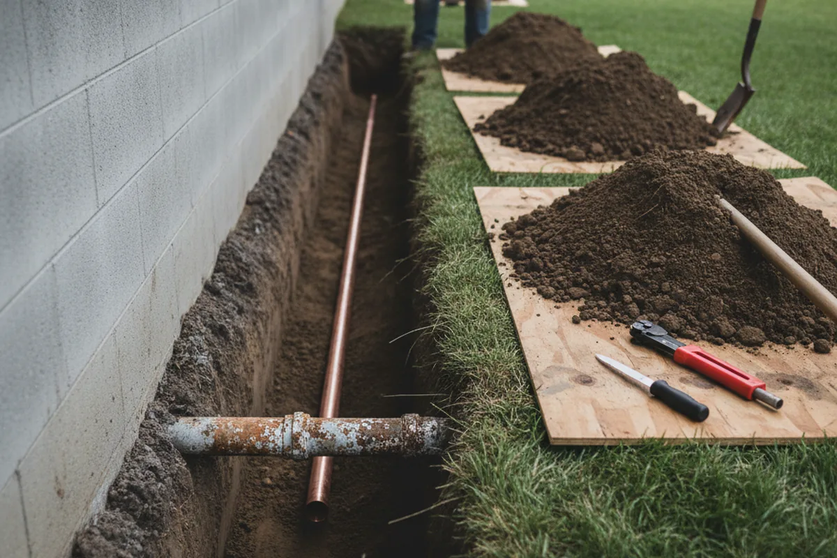 Excavated water line trench during Water Softener Installation in New Roads